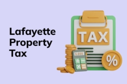 3d tax icon on a colorful background and text that reads Lafayette property tax