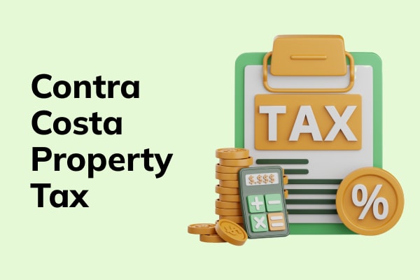 3d tax icon on a colorful background and text that reads Contra Costa property tax