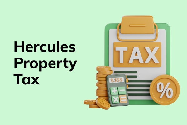 3d tax icon on a colorful background and text that reads Hercules property tax
