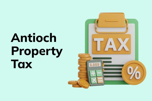 3d tax icon on a colorful background and text that reads Antioch property tax